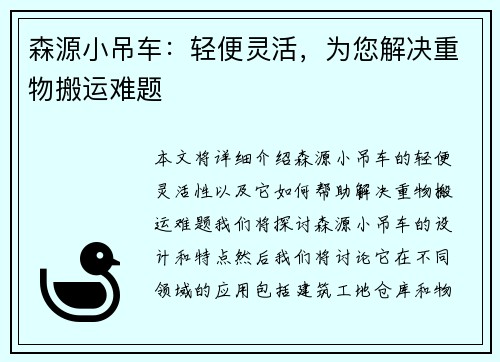 森源小吊车：轻便灵活，为您解决重物搬运难题