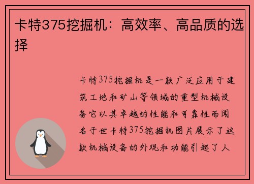 卡特375挖掘机：高效率、高品质的选择