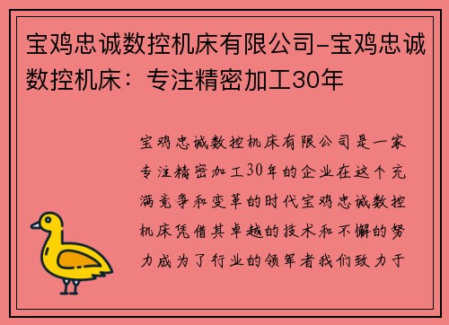 宝鸡忠诚数控机床有限公司-宝鸡忠诚数控机床：专注精密加工30年